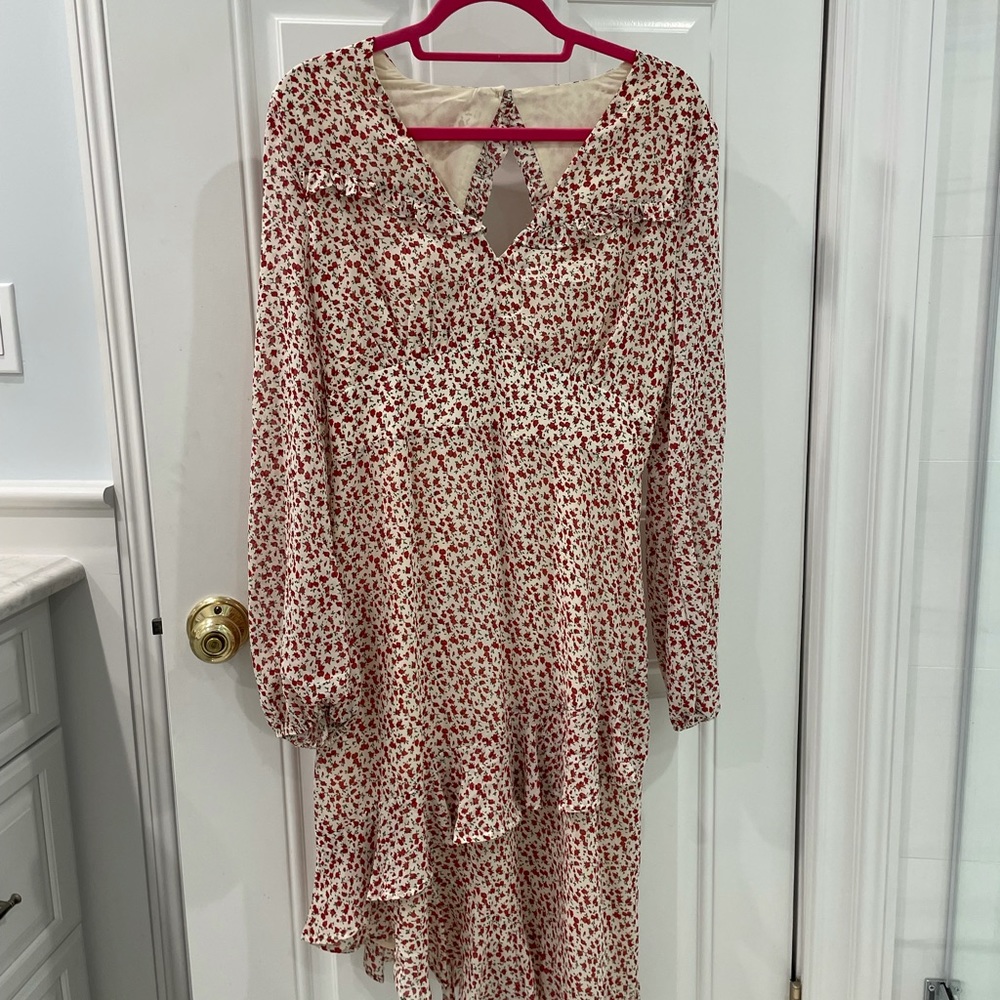 Red & white floral dress with asymmetric ruffle bottom. Urban Outfitters size L